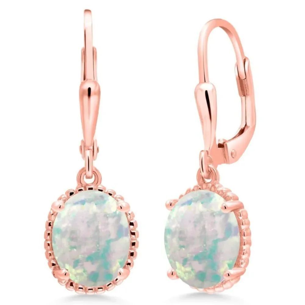 18K Rose Gold 925 with 2.00 Cttw White Opal Oval Leverback Hook Earrings